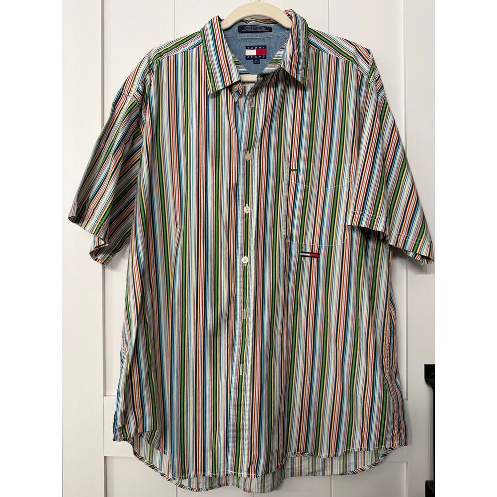 Tommy Hilfiger vintage 90s striped short-sleeve shirt with flag tag size XL VTG